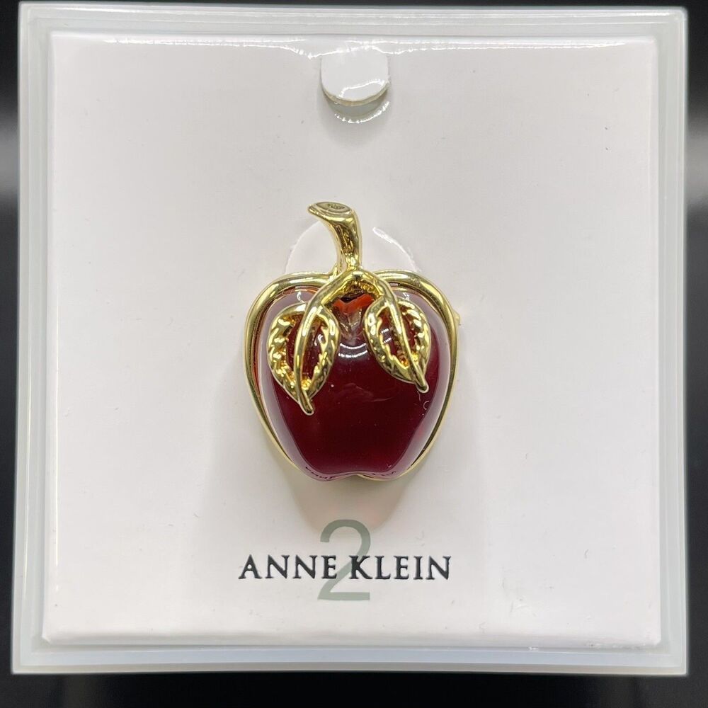 Vintage Anne Klein 2 Gold Tone Cabochon Lucite Red Apple Pin Brooch Signed NEW